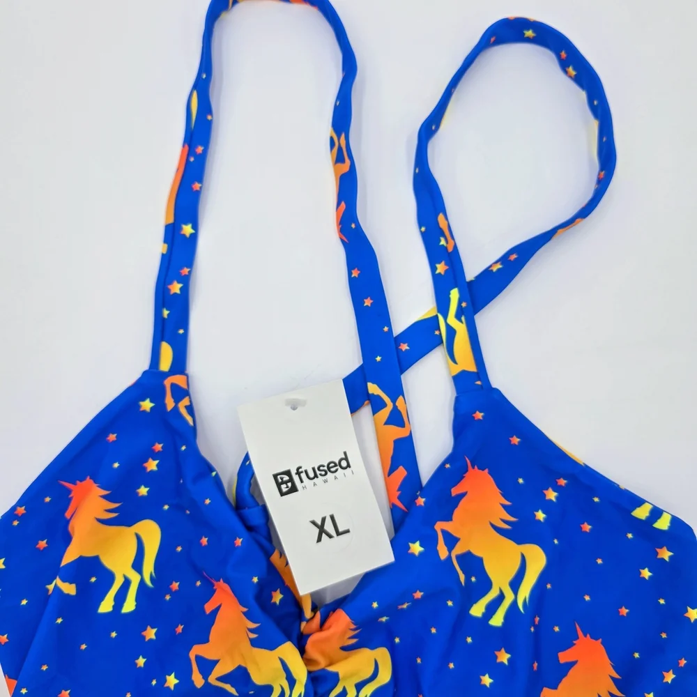 Fused Hawaii Bikini Top XL Blue‎ Unicorn Star Print Swimwear Adjustable NWT - Picture 4 of 8